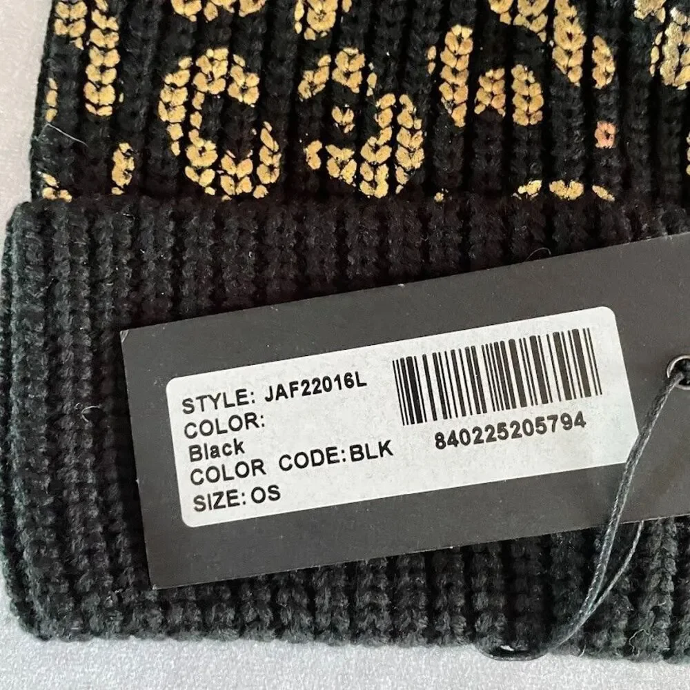 Jocelyn Foil Leopard Beanie Black Faux Fur Pompom Gold Print Toboggan $95 NEW!